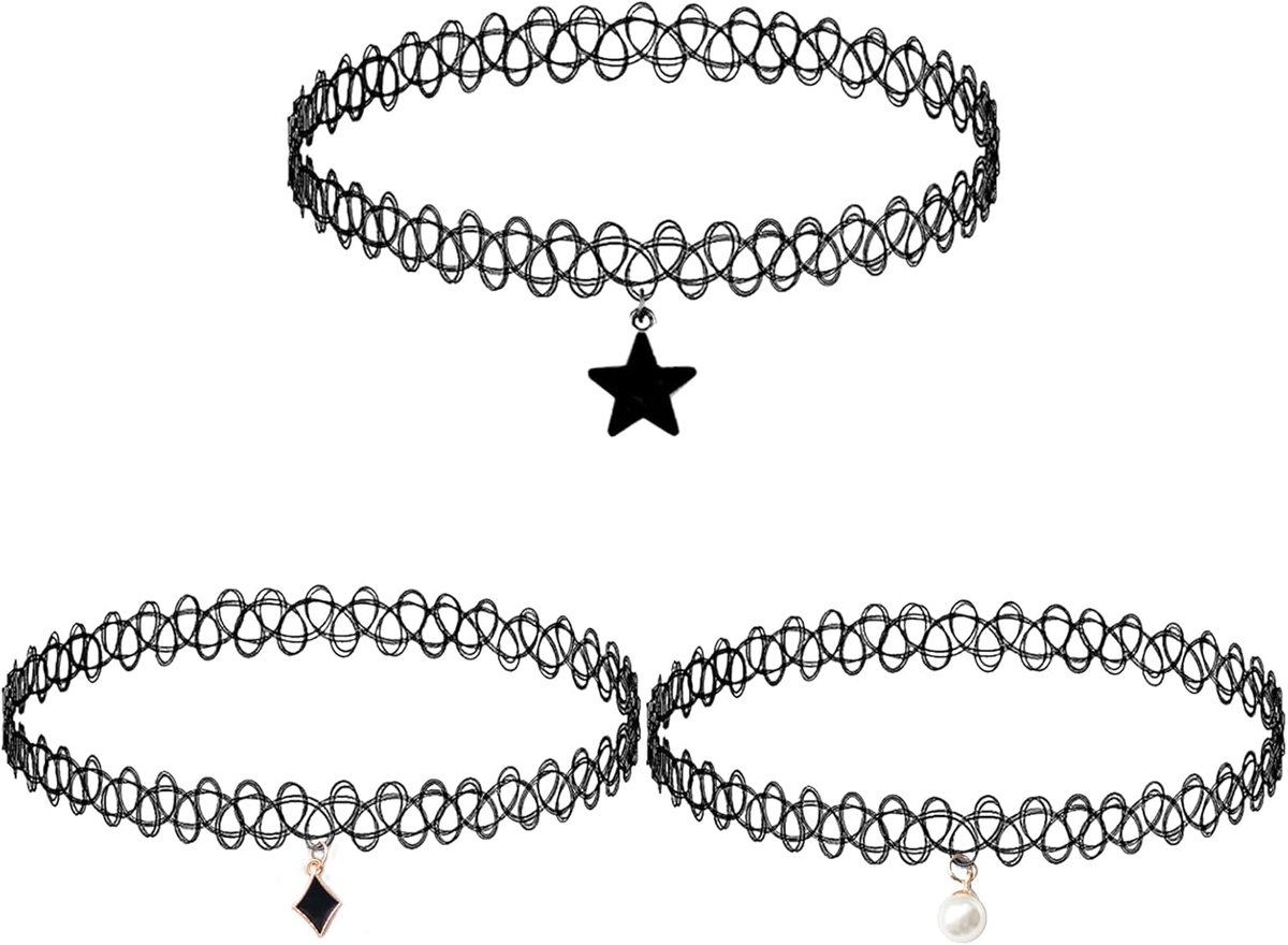 3 Pieces Stretch Tattoo Necklace, Elastic Tattoo Chain with Pendant, Vintage Necklace in Black, Collar Star Beads - ShopVlot