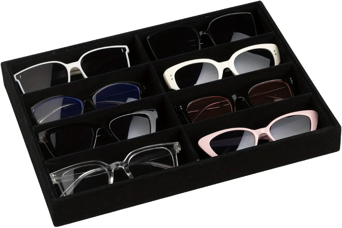 Organizer voor Zonnebrillen en Sieraden met 8 Vakken, Stapelbare Opbergdoos met Verwijderbare Scheidingswanden voor Horloges en Accessoires (Zwart)