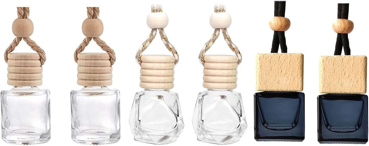 SnelShoppen - Auto geur hangers leeg set van 6, hervulbare diffuser flesjes van glas (8ml) voor etherische oliën met houten dop, 3 verschillende vorme