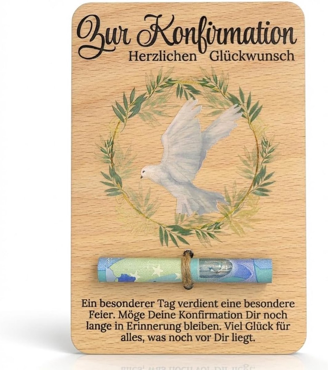 Vormsel, kaart van hout, A7, voor jongens en meisjes, cadeau voor confirmatie met duif, 15 x 10 cm
