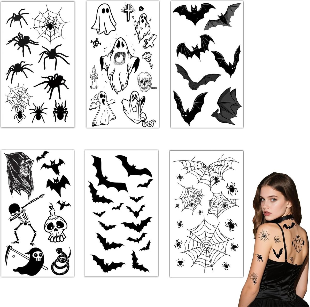 Tijdelijke griezelige spinnen tattoostickers voor Halloween-party, kostuum, make-up en decoratie, 6 vellen, ideaal voor vrouwen, mannen en kinderen