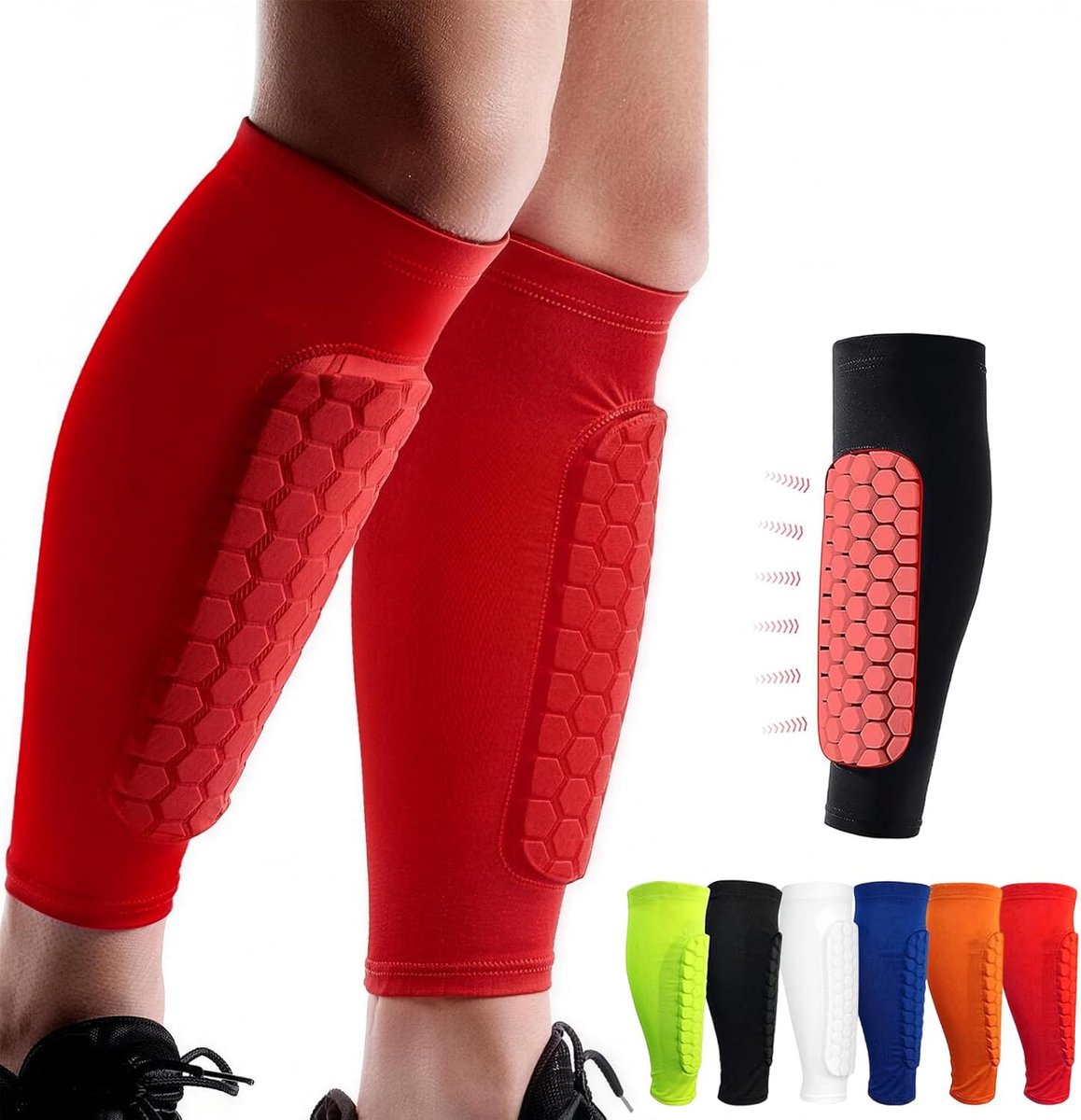 Shin Guards Pads, Honingraat Compressie Mouw Voetbal Scheenbeschermers voor Jongens, Tieners en Volwassenen, Voetbalverdediger Pads met Superieure Impact Absorptie, Lichtgewicht