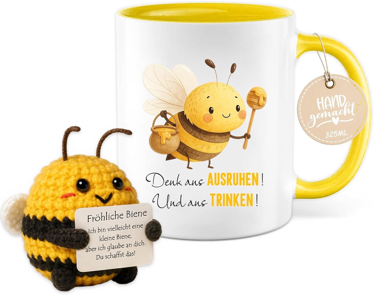 Schoolmok voor jongens en meisjes, 325 ml, mok met gebreide decoratie, vrolijke bijen, geluksbrenger, cadeau voor vrouwen, mannen, kinderen, verjaardag, eerste schooldag, kleuterschool