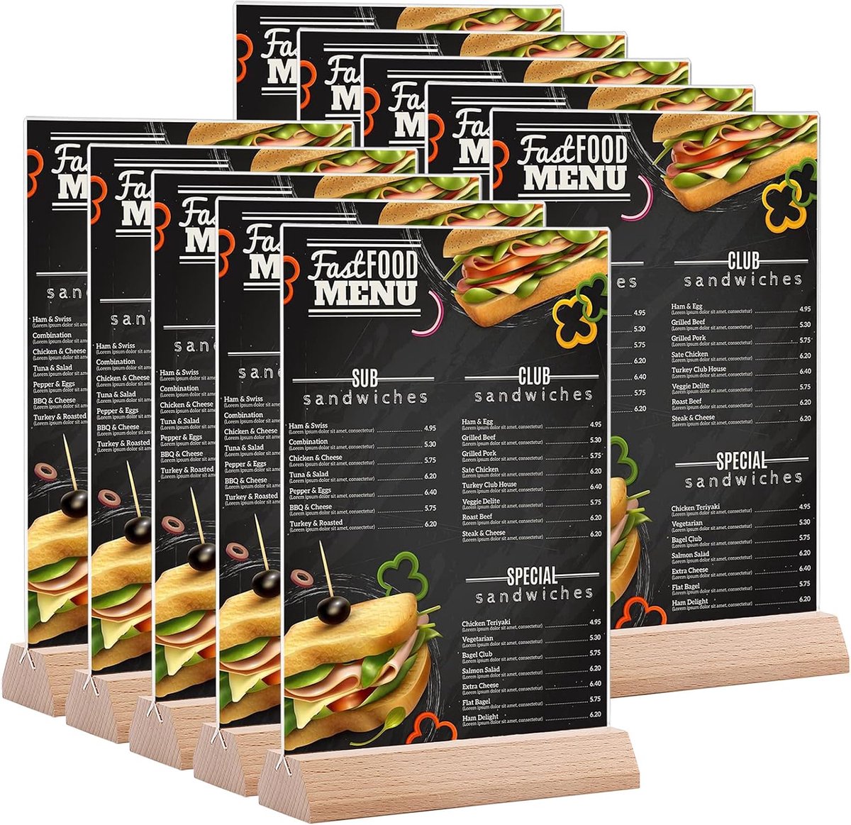 Acryl bordhouder tafelstandaards 10 stuks, A5 houten menuhouders voor tafels, kunststof display Stand Up tafel praters voor restaurants, hotel, school, kantoor