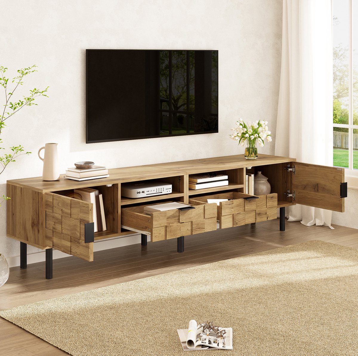 WUVRIE TV-meubel 160x35x42,5 cm - 2 deuren, 2 lades en 2 open vakken - Naturel/zwart