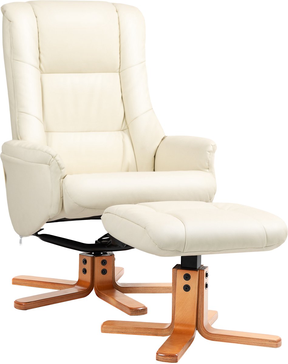 Homona Relaxfauteuil met hocker - Kantelbaar tot 135° - Met wippfunctie - Kunstleer - 71 x 84 x 102 cm - Crèmewit
