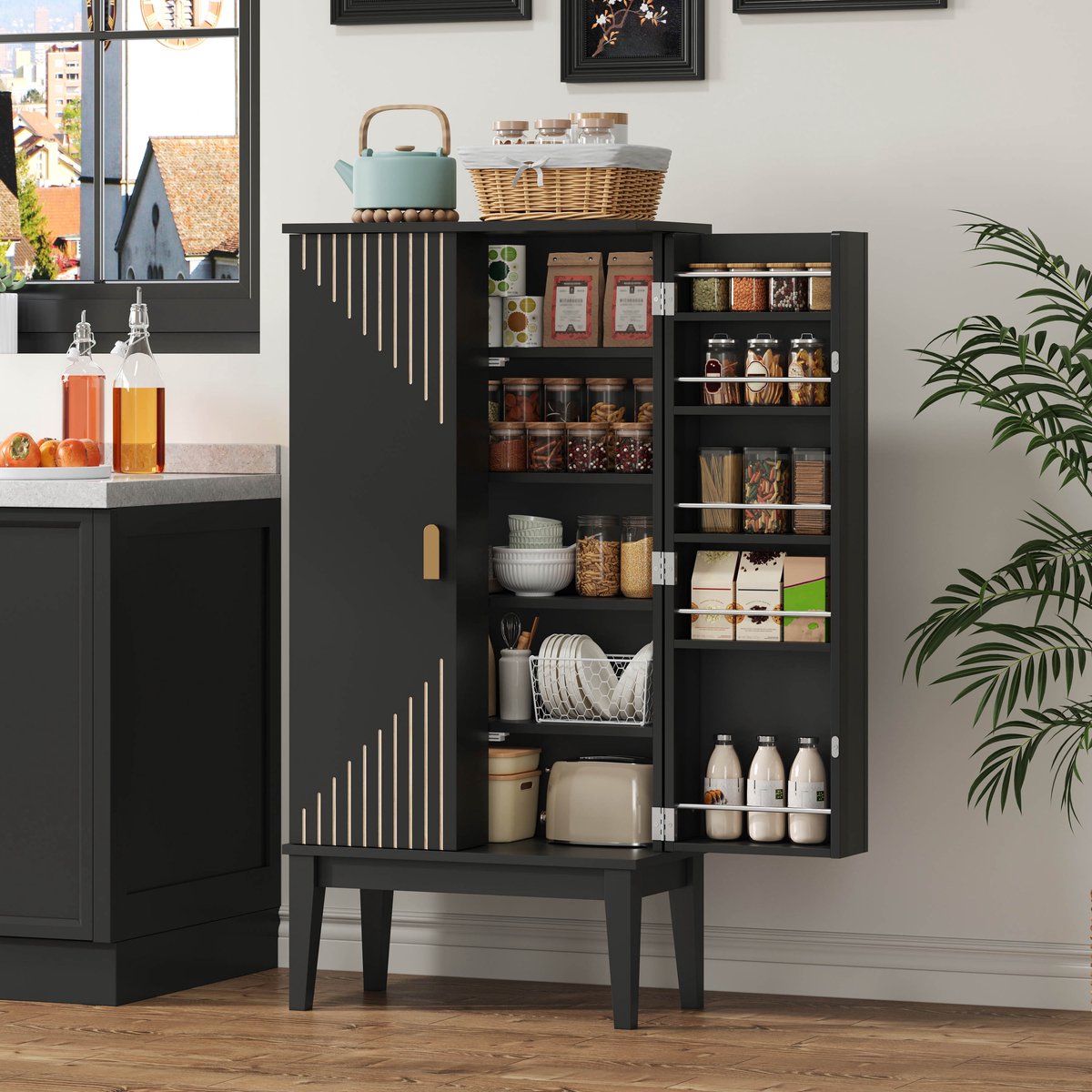 WUVRIE - Keukenkast 120 x 59 x 30 cm - 2 deuren en 5 vakken - MDF - Zwart