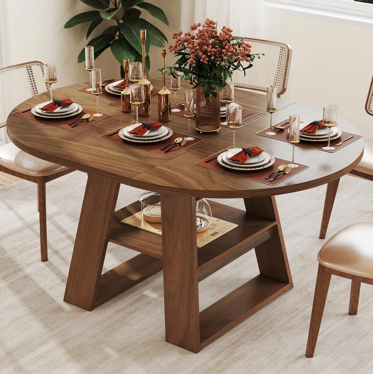 STILVORA Uitschuifbare Eettafel - Ronde Tafel Met Opbergruimte Voor 4 Tot 6 Personen - MDF - 150x110x75 Cm - Walnootkleur