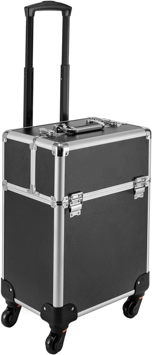 Trolley, aluminium trolley, 4-in-1 make-upkoffer, kapperskoffer, afsluitbaar, make-up koffer, 360° draaibare wielen, voor reizen, cadeau-idee, 34 x 24 x 45 cm, zwart