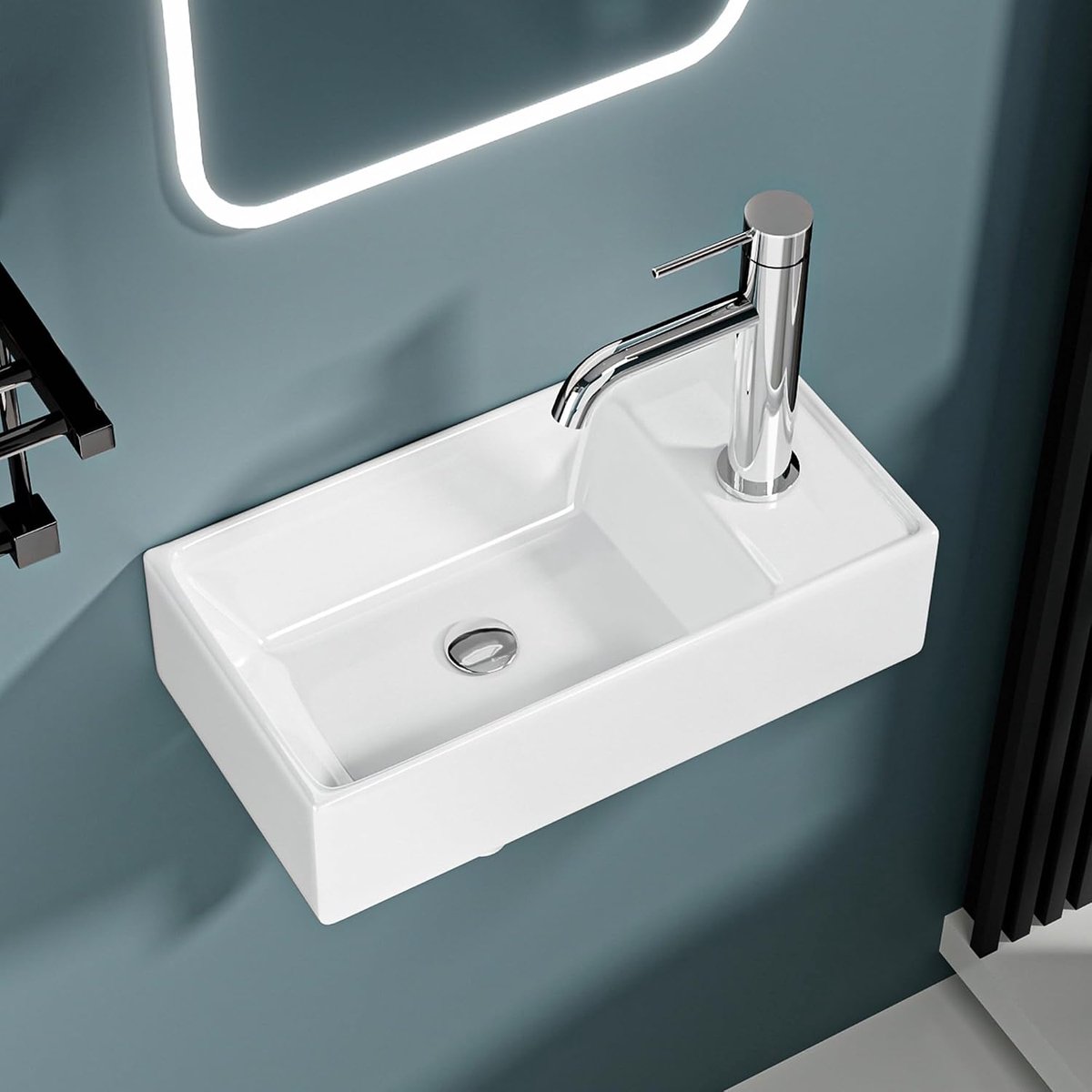 Formaat wastafel met rand rechte uitgang, 41,5 x 22 x 10 cm, wastafel van keramiek, wit, glanzend, ideaal voor toilet en waterruimtes, modern design