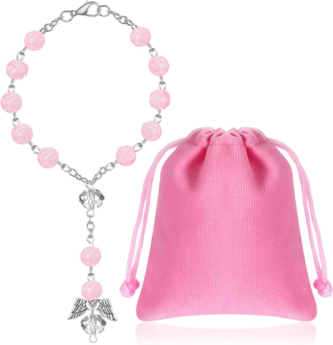 Rozenkrans voor aanhanger, beschermengel, cadeautas van fluweel, rozenkrans, wit, korte autorozenkrans voor mannen en vrouwen, cadeau-idee voor bestuurders, hangend ornament, roze