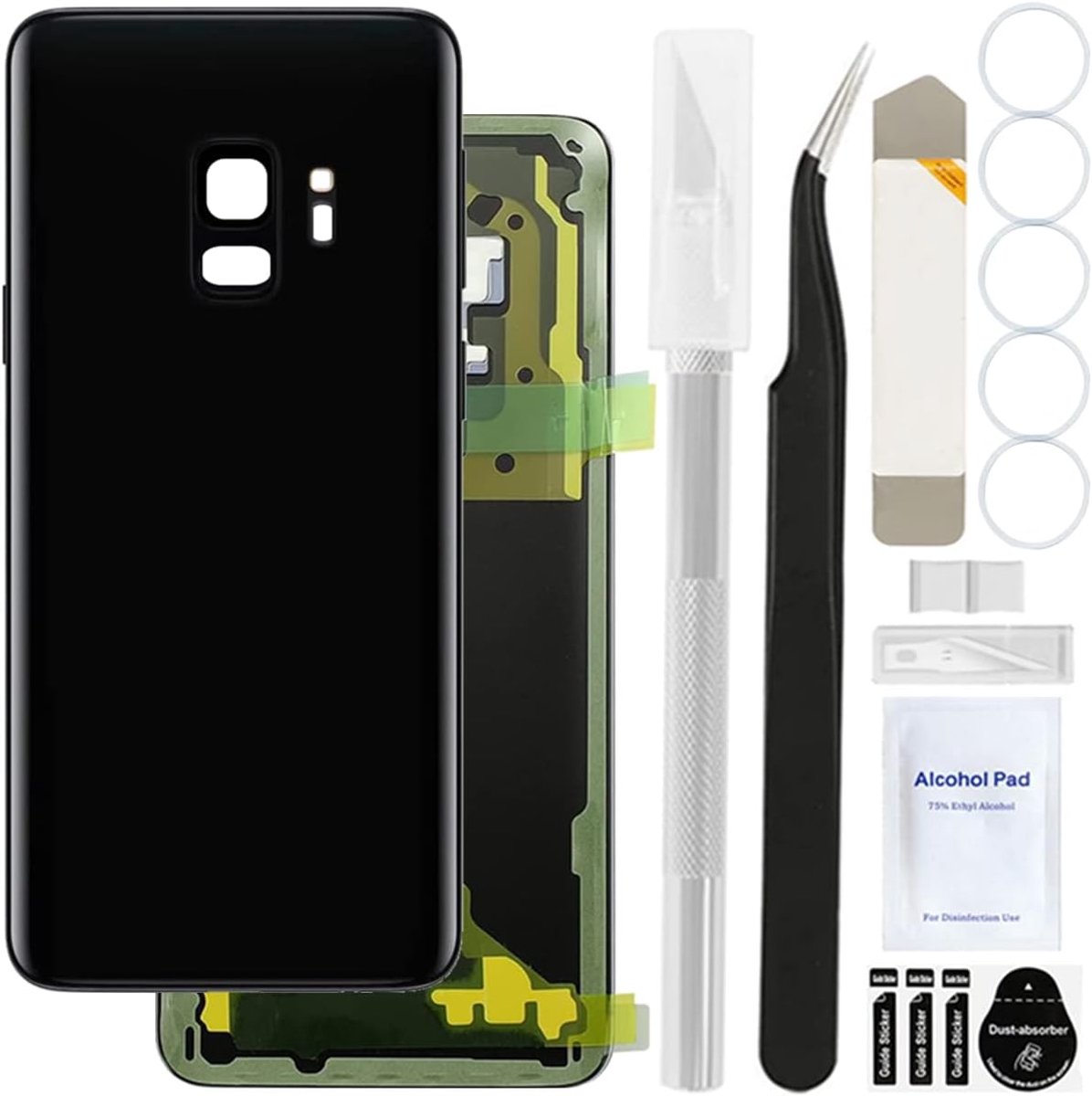 Voor Samsung voor Galaxy S9 Achterkant Achterkant Glas Vervanging Cover Behuizing Deurpaneel met Vooraf Geïnstalleerde Camera Lens en Tape, Reparatie Tool Kit inbegrepen (Midnight Black)