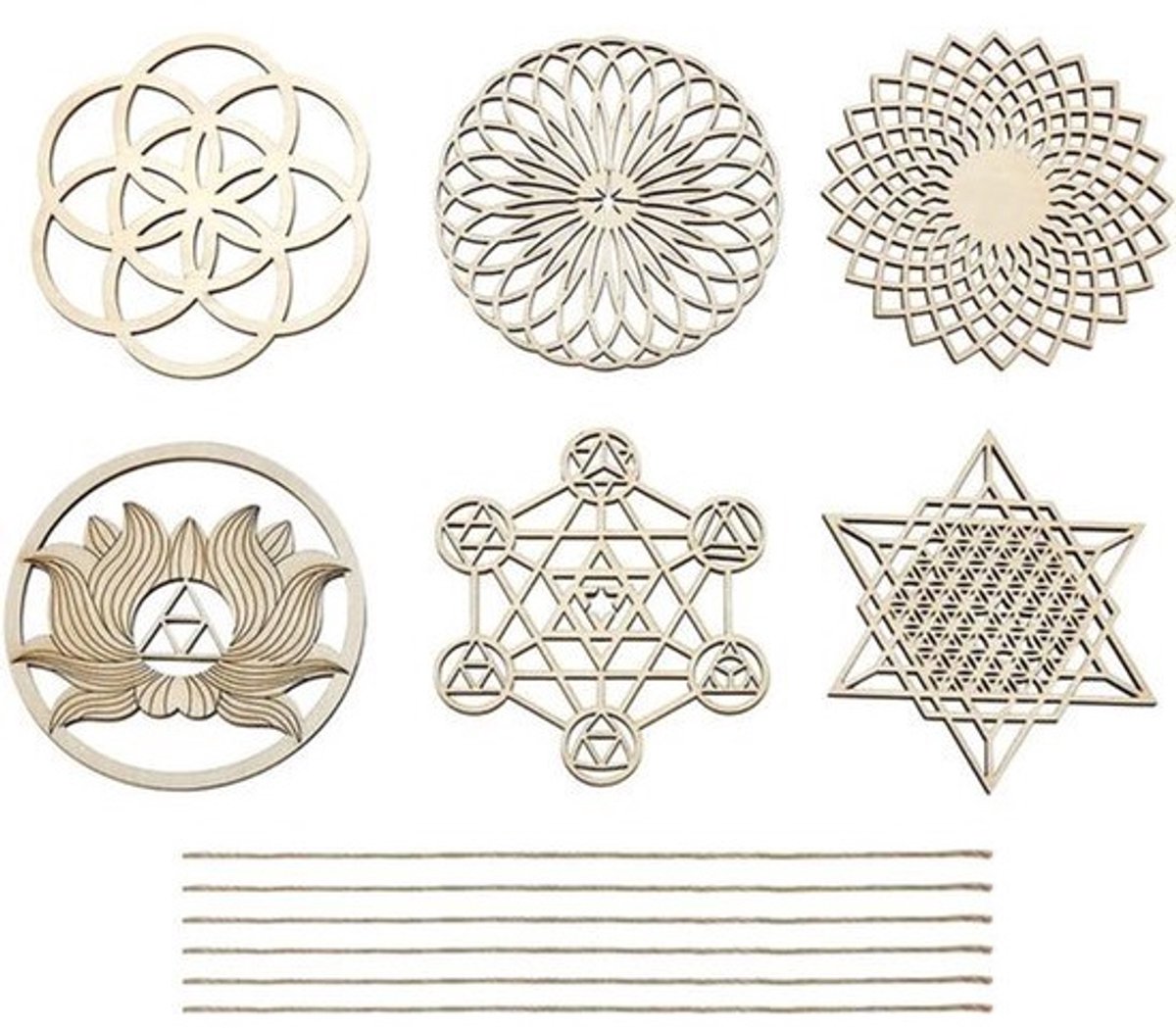 Set houten ornamenten met jute koord - Voor yoga en meditatie - 6 stuks - 6 verschillende stijlen met chakrasymbolen