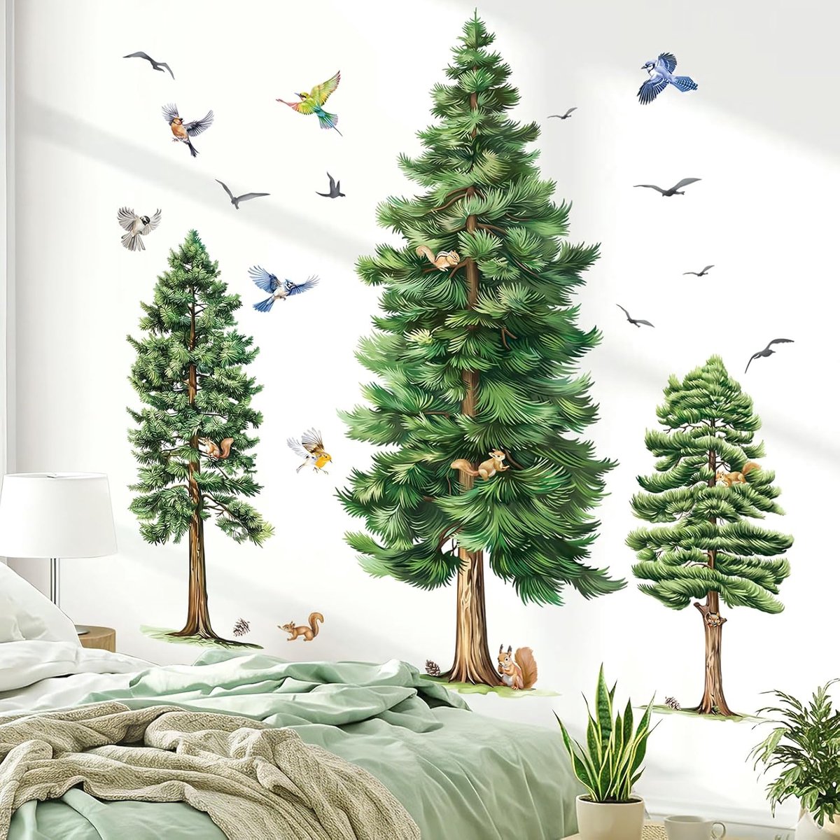 Muurstickers dennenboom groot - aquarel boom met vogels - eenvoudig aan te brengen - ShopVlot