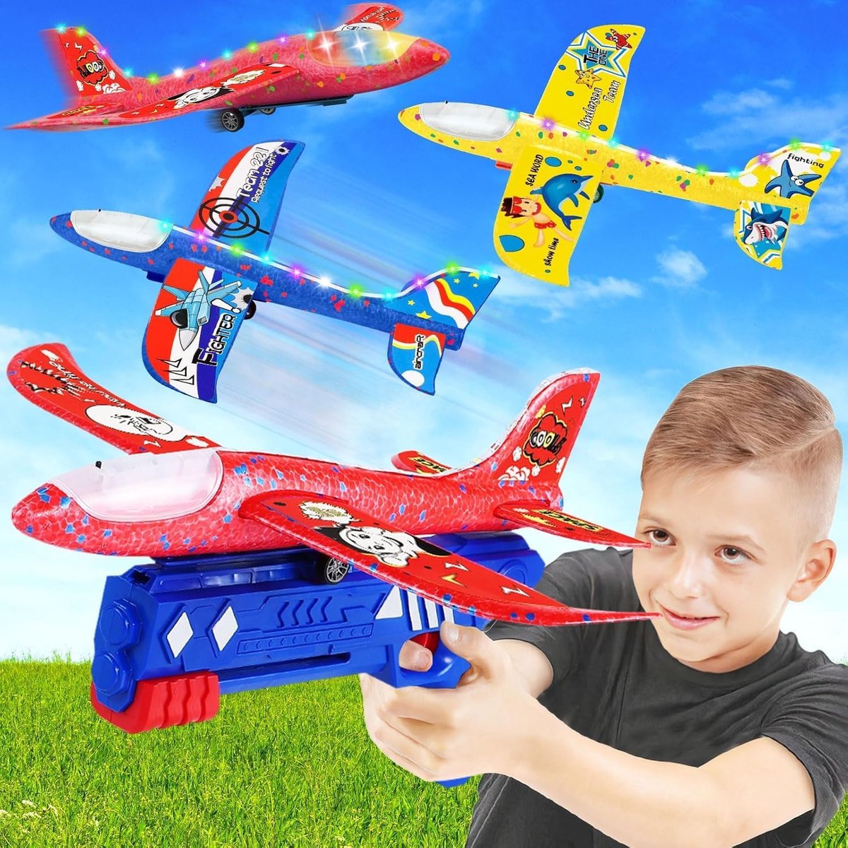 Vliegtuigen met katapultpistool, verlichte vliegtuig, piepschuim outdoor spelletjes voor kinderen, outdoor speelgoed voor jongens en meisjes van 3, 4, 5