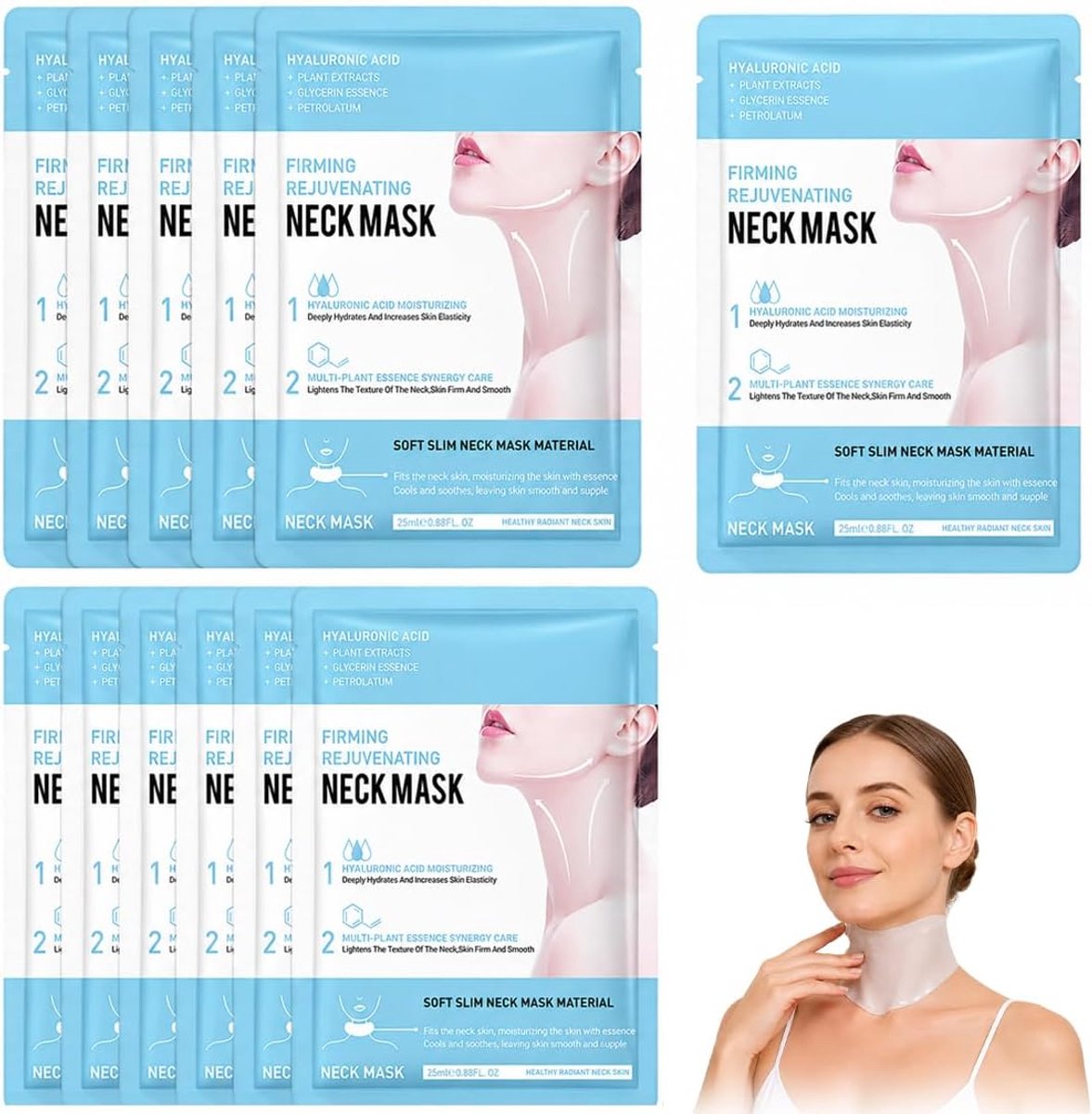 Set van 12 vochtinbrengende doekmaskers voor hals en decolleté, verstevigende essentie, voor een gladder huidbeeld