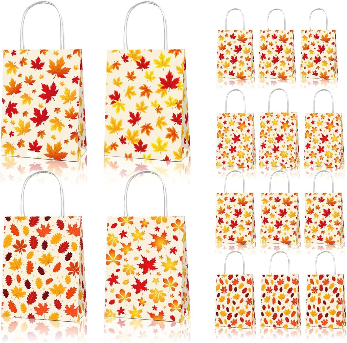 12 stuks herfst esdoornblad geschenkzakjes met handgrepen, 21 x 16 cm x 7,9 cm kleine kraftpapieren feesttas, 4 stijlen oogstbladpatronen, herbruikbare papieren goodiezakjes voor Thanksgiving