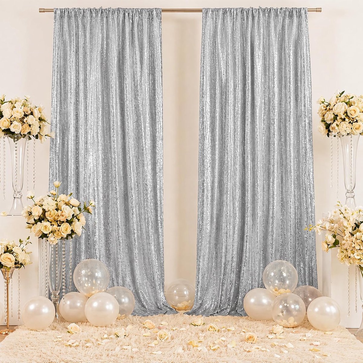 2 stuks 60 x 240 cm zilveren achtergrond bruiloft gordijn pailletten gordijn achtergrond bruiloft pailletten party decoratie rekwisieten baby fotografie shooting decoratie (zilver)