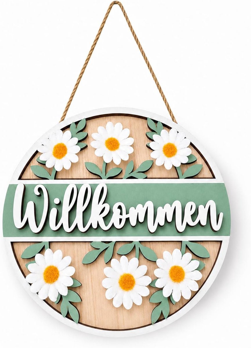 Hartelijk welkom bord, 20 cm groene madeliefjesdecoratie