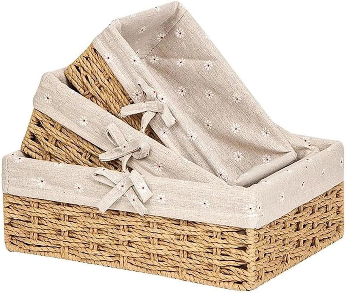 3-delige broodmand, broodmand, set van gevlochten papier touw met katoenen voering, decoratieve opbergmanden voor brood, desserts, woonkamer en keukenlade, kaki