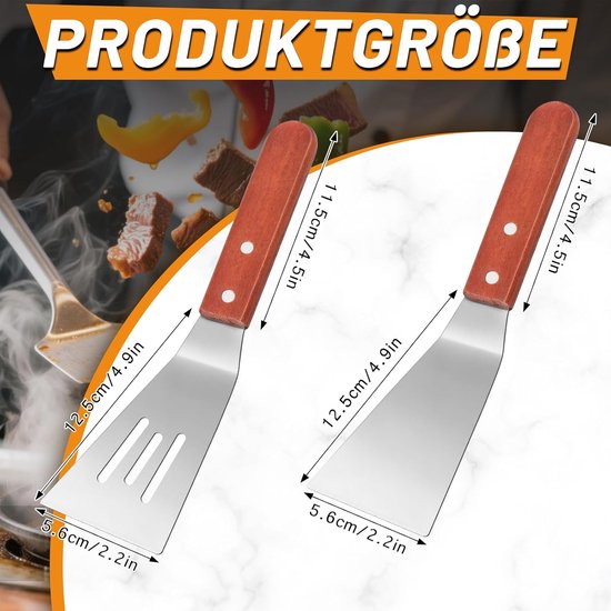 Spatels met houten handvat, grillspatel, kleine pizzaschep, hittebestendige keukenspatel, roestvrij, grillspatel, plancha, spatel voor grillen, braden, teppanyaki — afbeelding 2