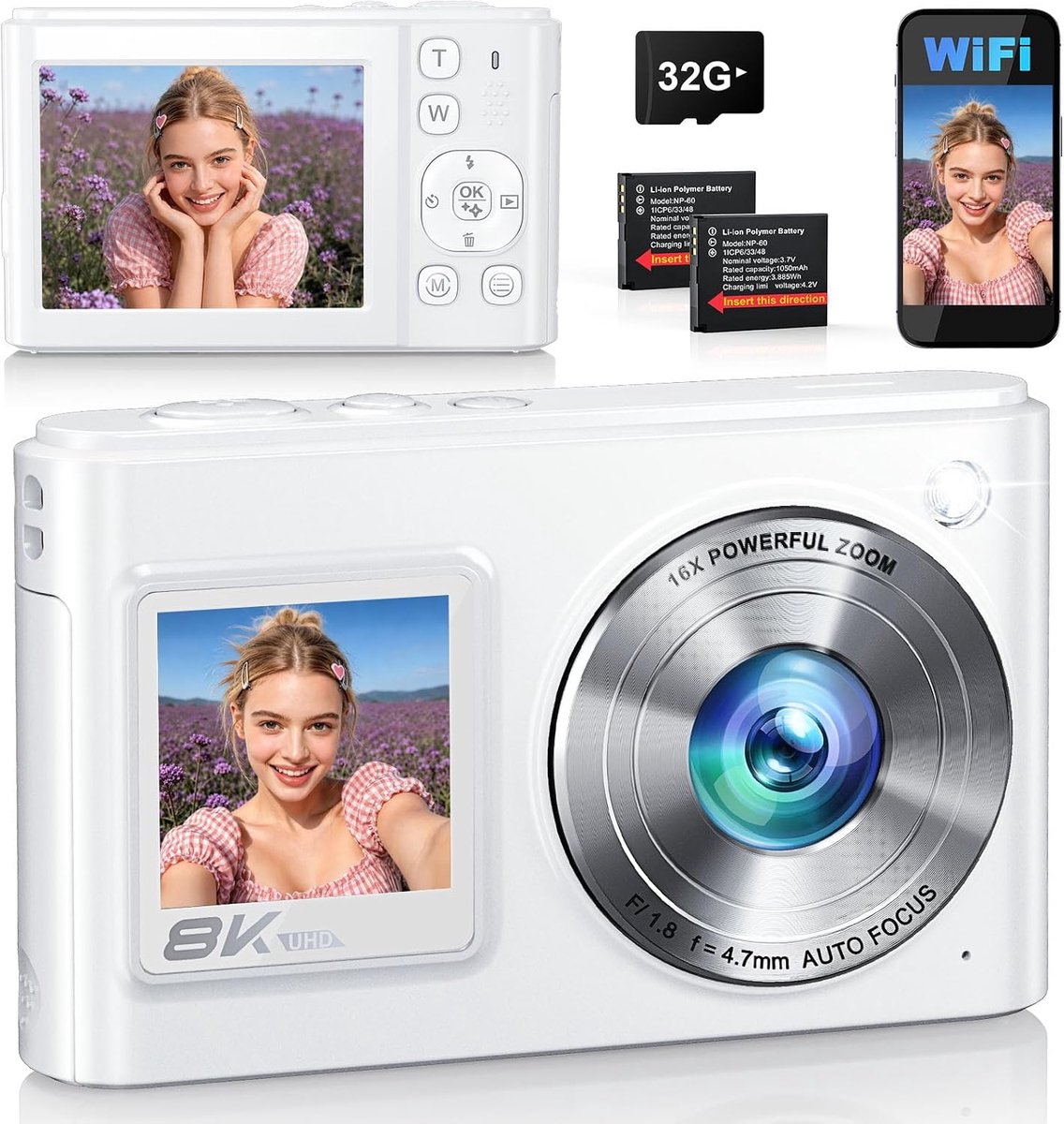 Camera, 8K, 96 MP, vloggingcamera met wifi, dual display, autofocus, beeldstabilisator, compacte camera voor beginners, digitale camera met 32 GB SD-kaart en 2 accu's