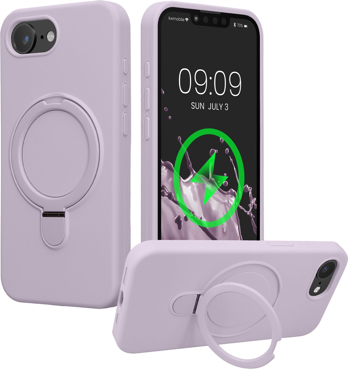 kwmobile Hoesje met Ringstandaard voor Apple iPhone 17e / iPhone 16e - Compatibel met MagSafe - Siliconen Beschermhoes met Microvezel Voering en Standaard - lavendel
