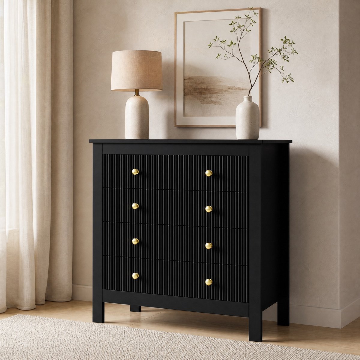 WUVRIE Ladekast 79x39,5x80,5 cm - 5 lades met structuur en goudkleurige handgrepen - Zwart