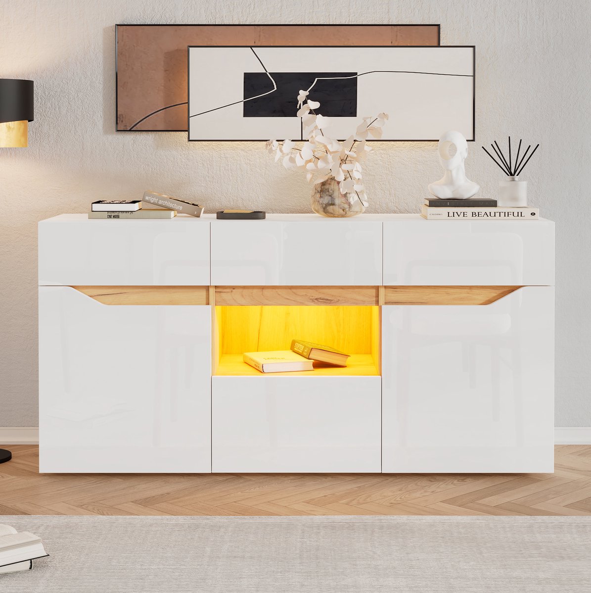 WUVRIE Dressoir 140 x 40 x 70 cm - 4 lades, 2 kastvakken en LED-verlichting - Wit/naturel