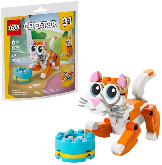 LEGO Creator 3-in-1 oranje kattenbouwset 30714, met een oranje en witte kat met grote blauwe ogen, naast een blauwe voerbak.