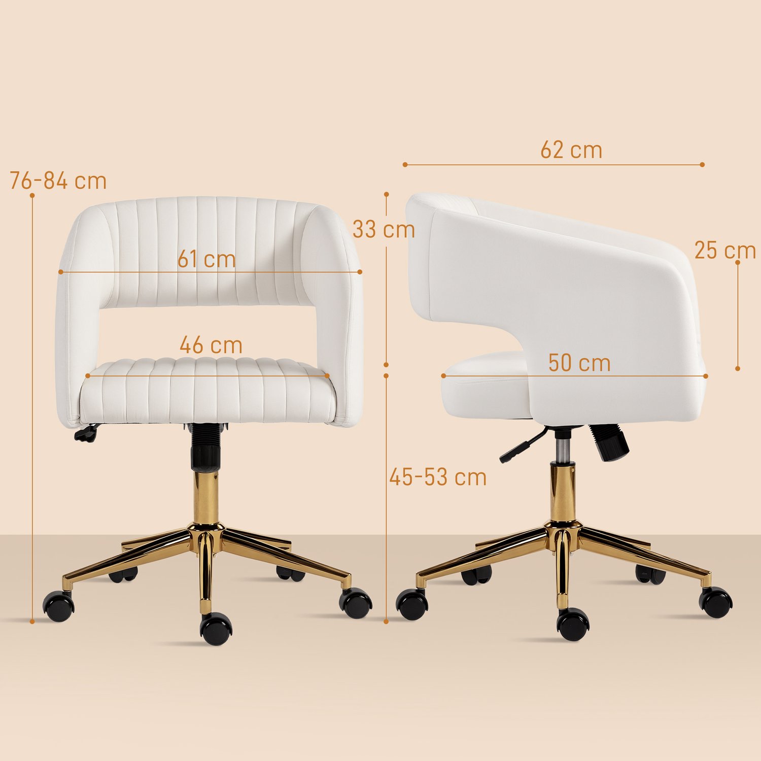 Homona Bureaustoel met fluweeloptiek - In hoogte verstelbaar - Met wippfunctie - 61 x 62 x 76-84 cm - Crèmewit