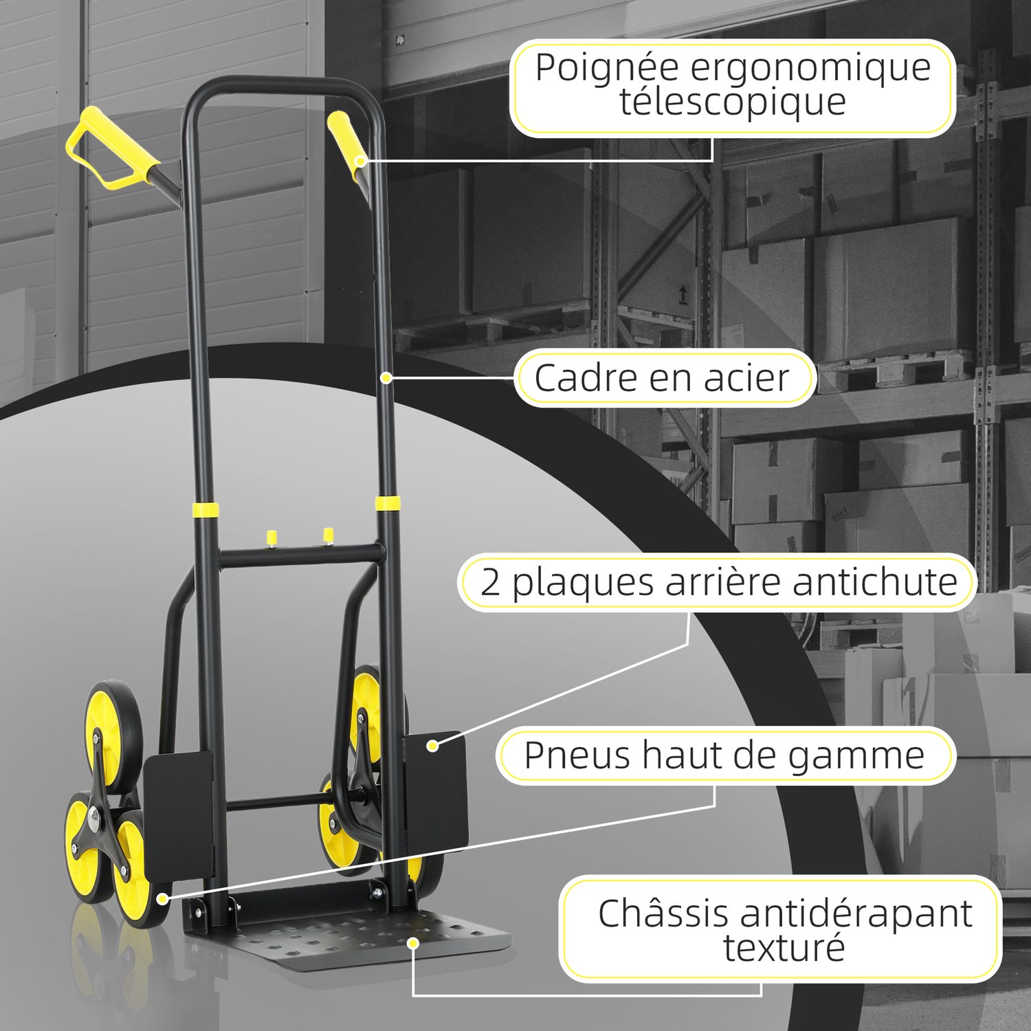 Opvouwbare traplift- draagvermogen 120 kg- 6 wielen - stalen verhuiswagen met telescopische kabels - 44x67x106-5 cm - geel