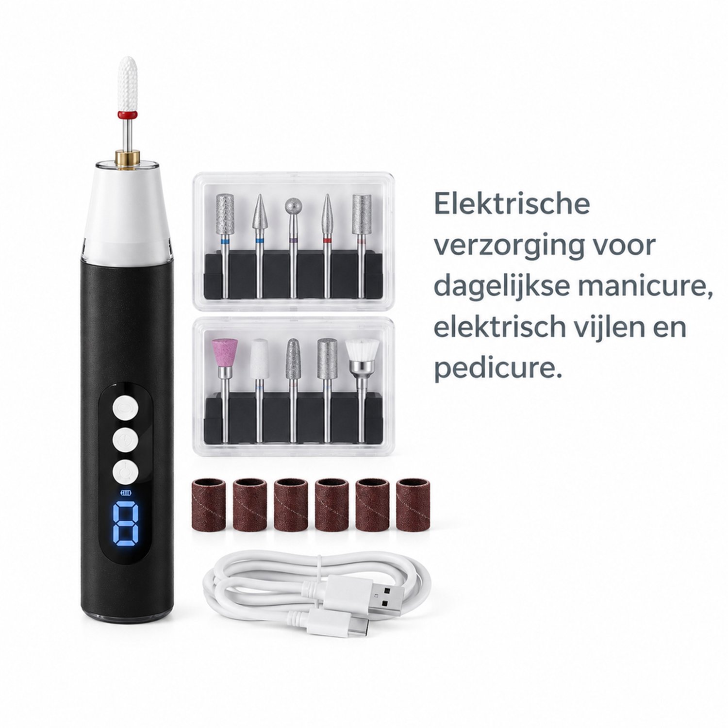 elektrische nagelknipper - zwart - 10 freeskoppen en 6 schuurbanden - elektrische nagelverzorging voor manicure en pedicure - inclusief accessoires