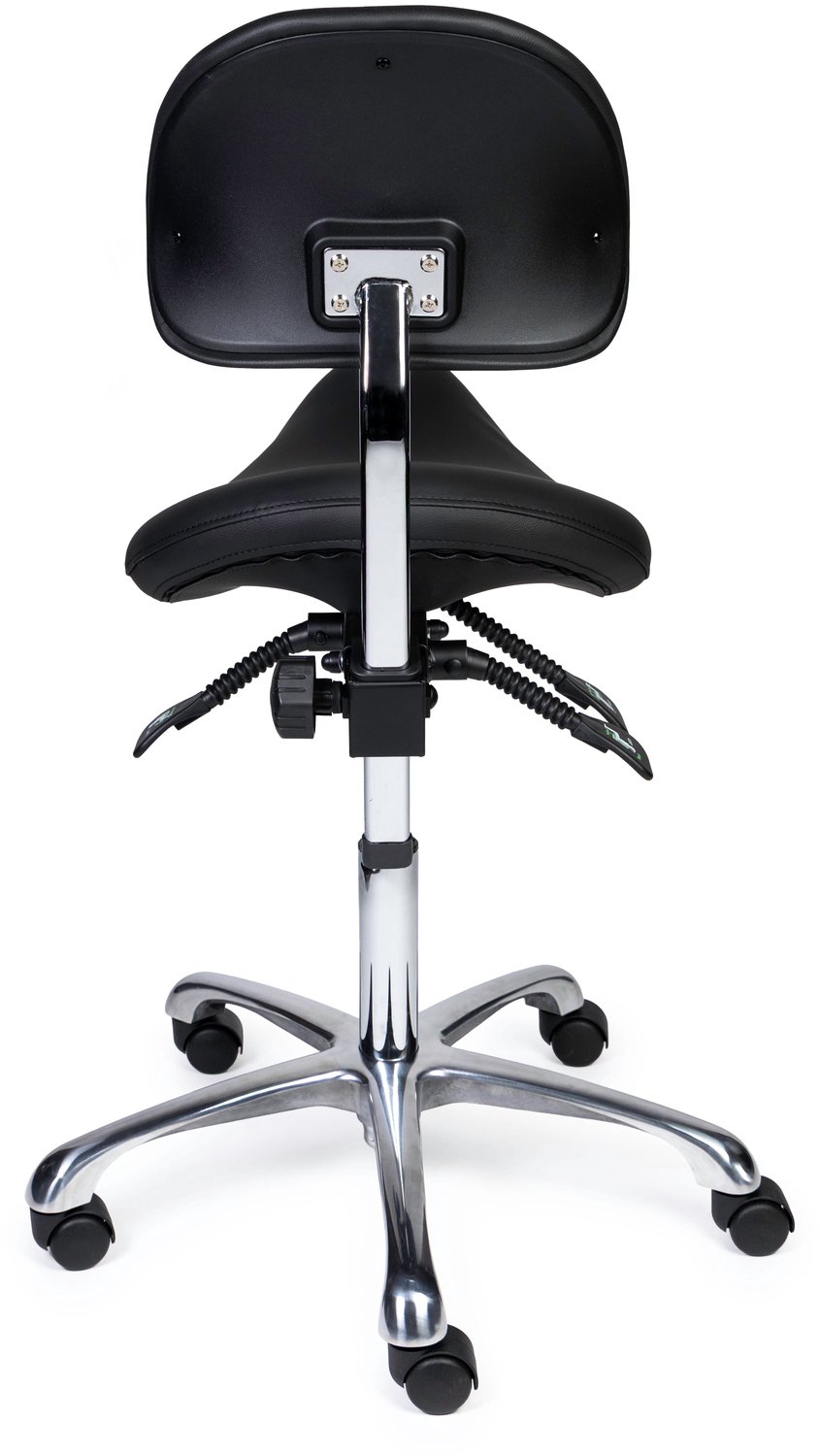 Ergonomische Zadelkruk met Rugleuning Premium Zwart op Wielen Hoge uitvoering (70-84cm) / Zonder voetensteun / Voetdoppen