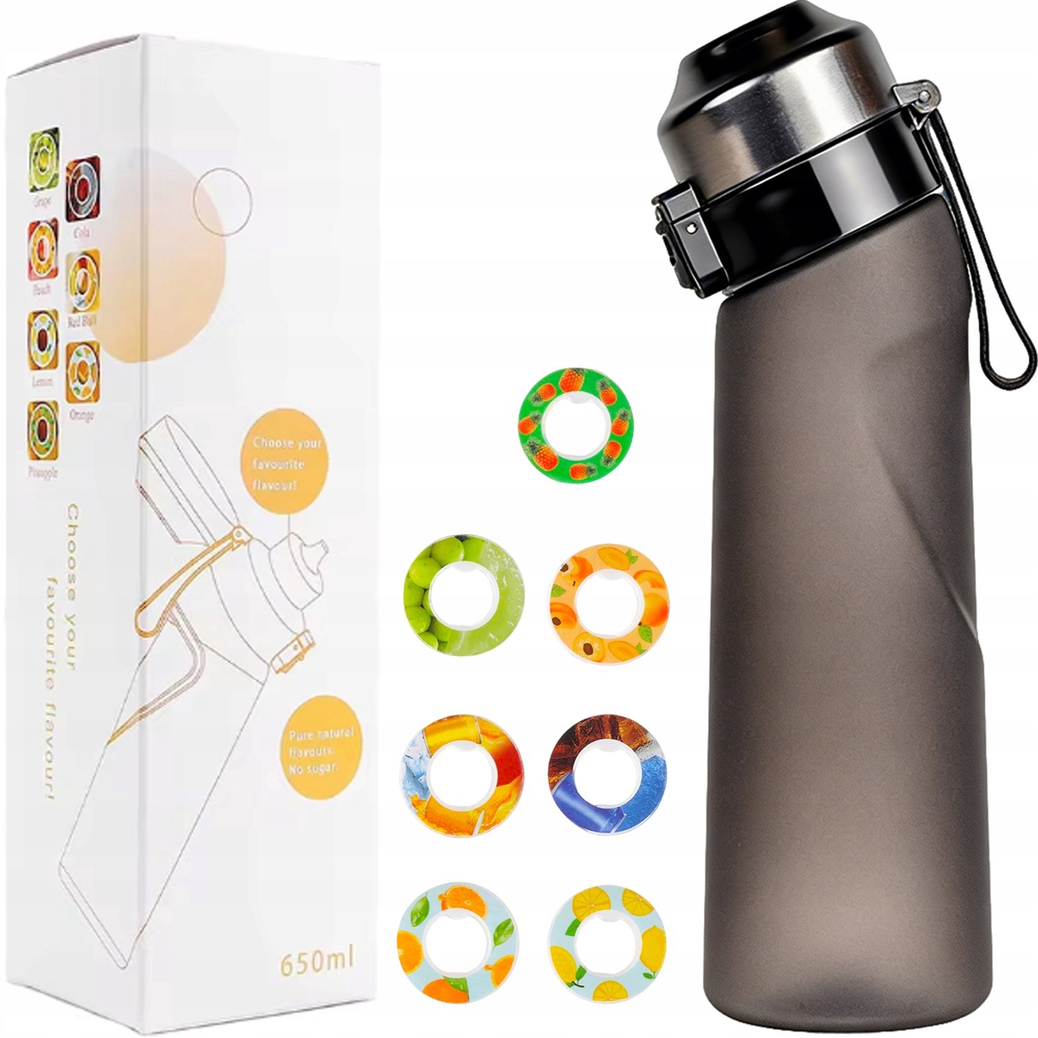 Merkloze Waterfles 650ml met 7 Smaakringen - Zwart