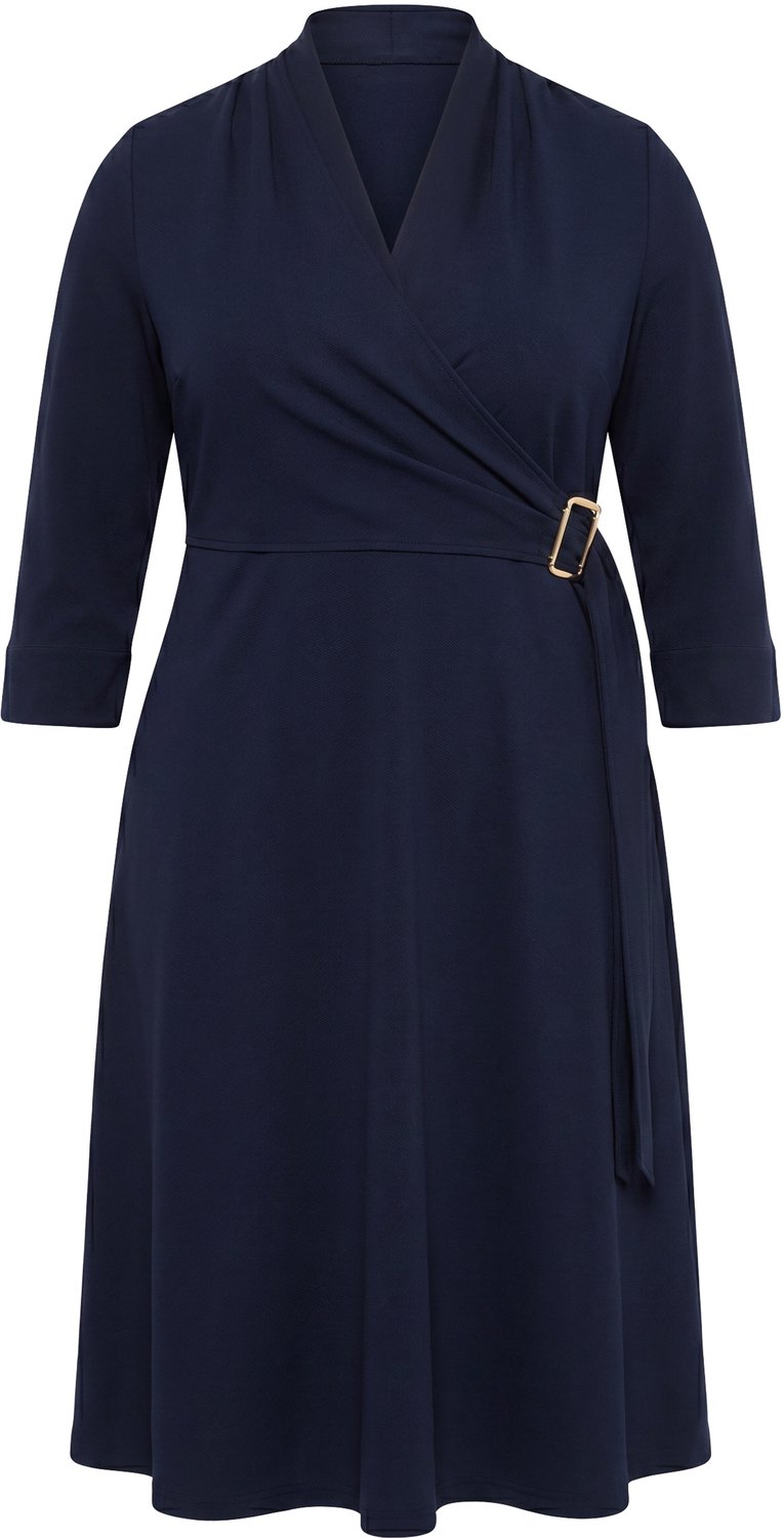 Ulla Popken - Dames - Midi-jurk wikkellook A-lijn V-hals 3/4 mouwen - Donkermarine - Maat 54+