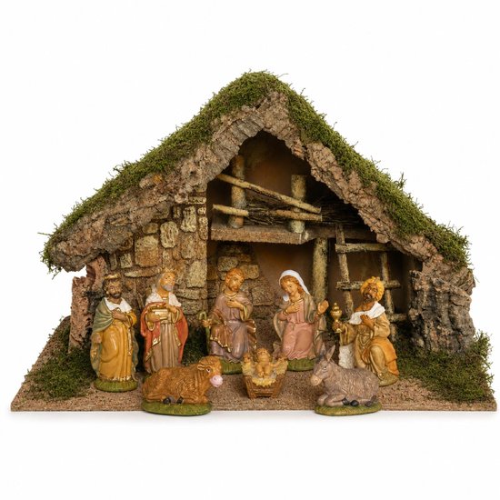 Complete kerststal - met 8 kerstbeelden - 50 x 22 x 31 cm - kerstdecoratie stal