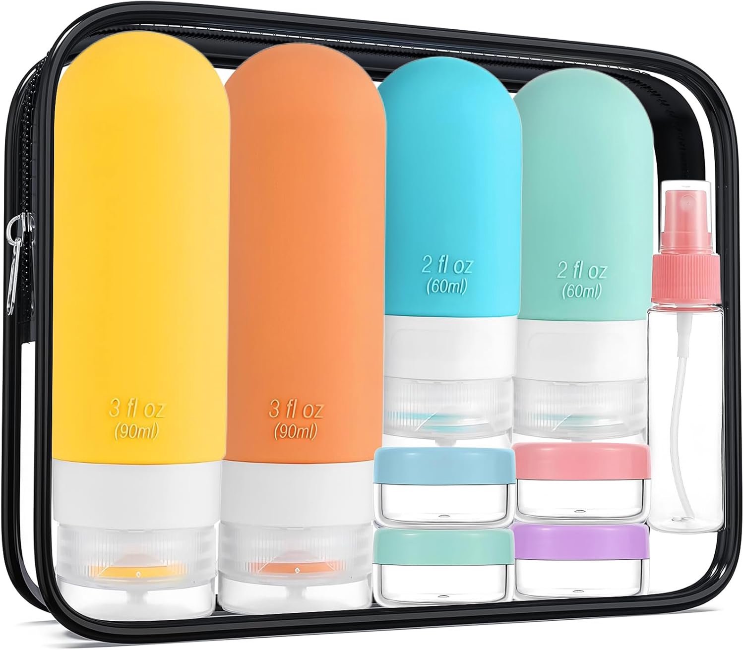 Famanu - Reiseflessenset - Voorkom lekkages tijdens het reizen - Herbruikbaar en met handige etiketten - Transparante cosmetictas - 18 stuks