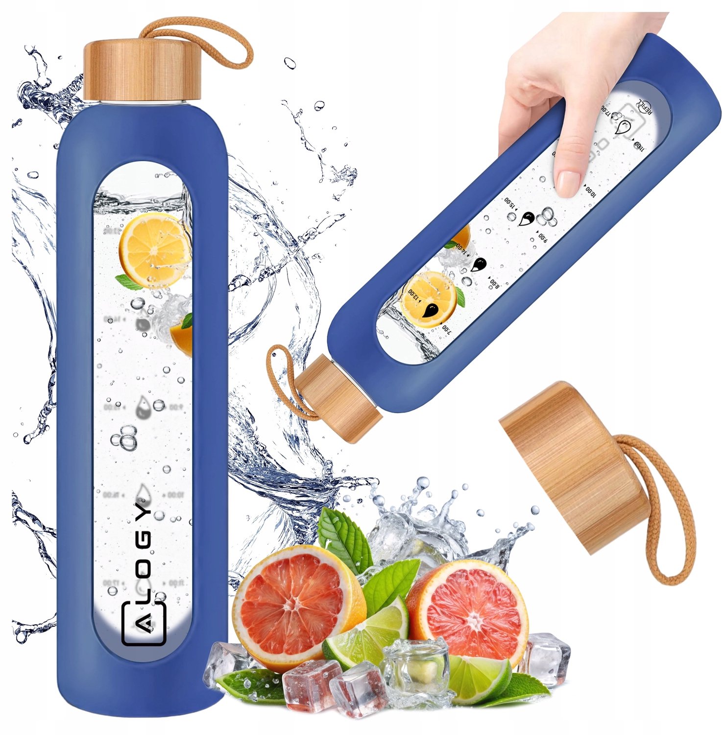 Grote Motivatie Waterfles van Glas - 1L met Siliconen Hoes