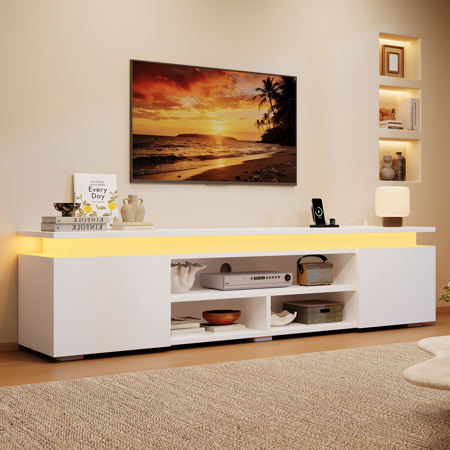 DESMIU Tv-Meubel - RGB-Ledverlichting Met Appbediening, Spraakbediening En Timerfunctie - Voor Woonkamer - MDF - 180 X 35 X 42 Cm - Wit