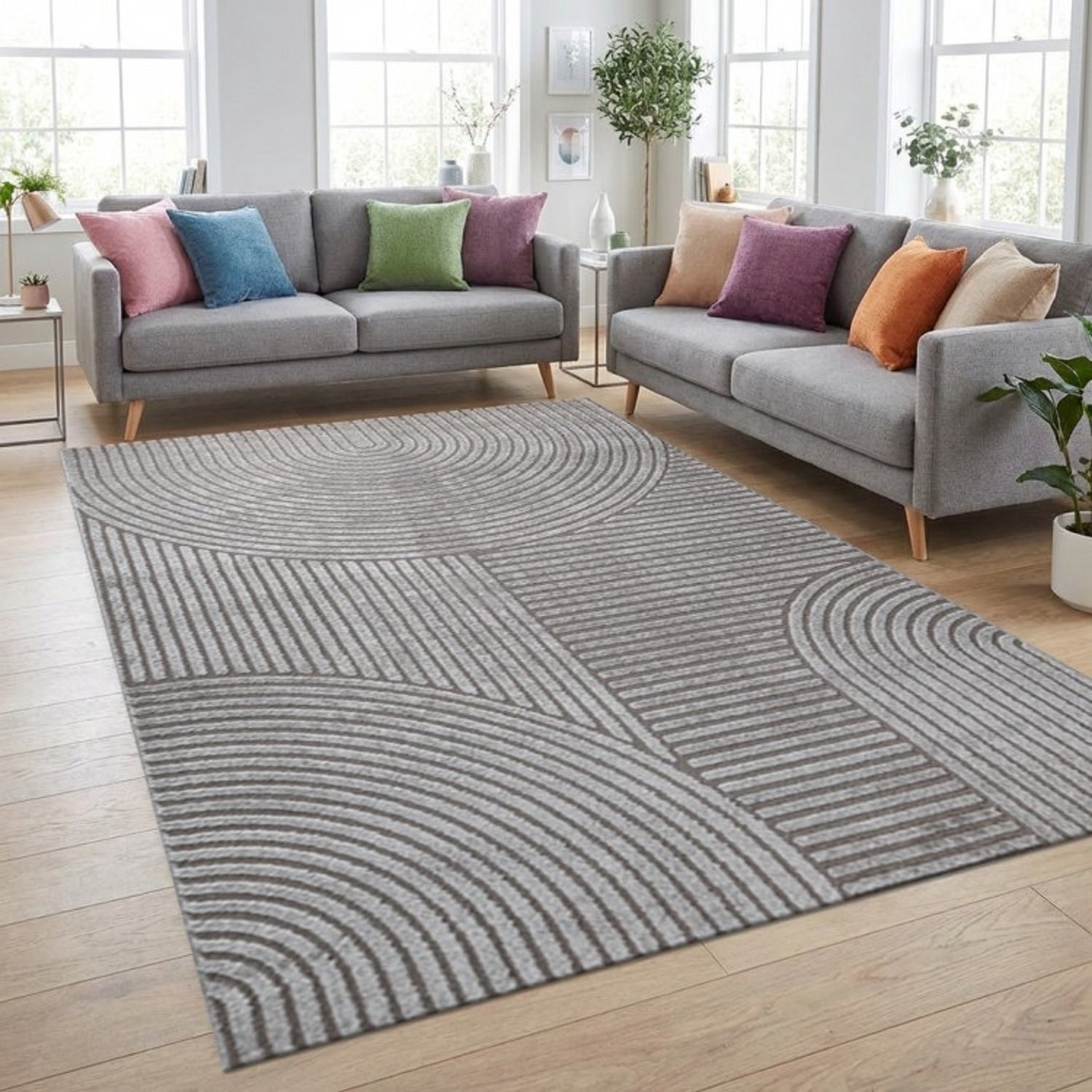 TapisTrend Designer tapijt Grijs Modern vloerkleed met concentrische bogen en verhoogde geometrische lijnen voor woonkamer en slaapkamer, foto 4
