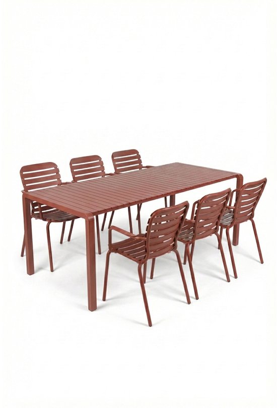 Rode Zuiver Vondel tuinset met een rechthoekige tafel en zes stoelen met latjesontwerp.