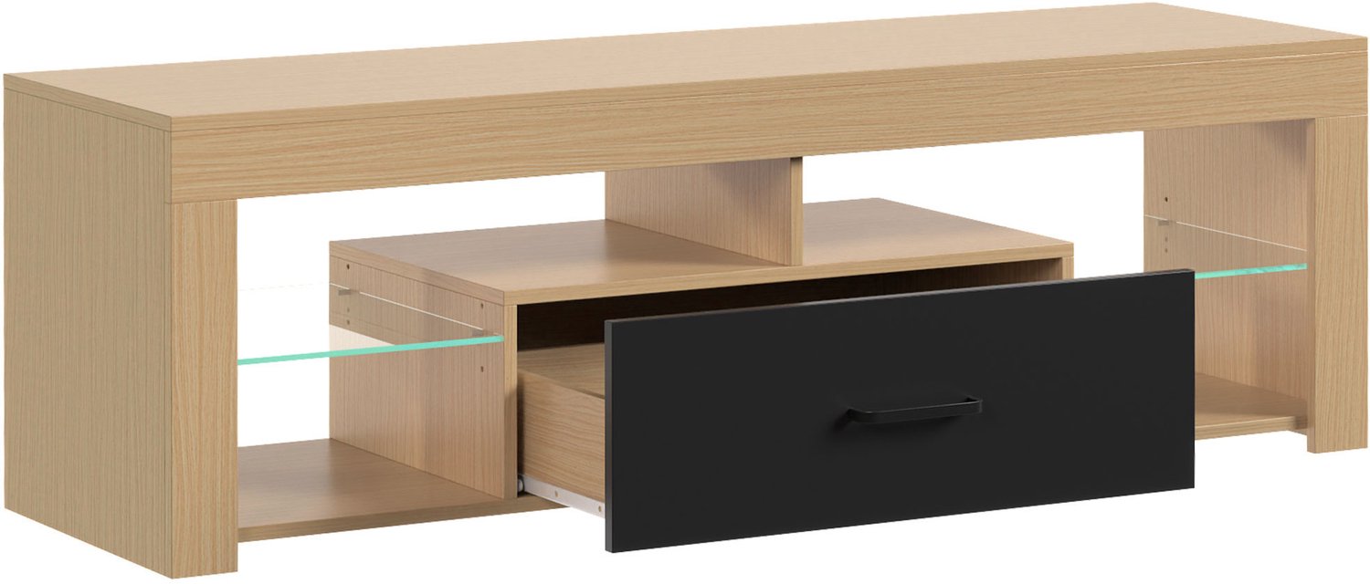 Homona TV-meubel - Met verstelbare glazen planken en lade - 140 x 40 x 45 cm - Eikenlook/Zwart Bruin