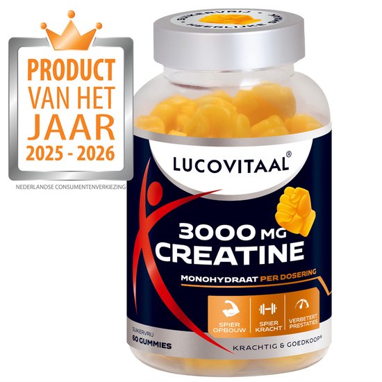 Lucovitaal Creatine 3000 mg per dosering, 60 suikervrije gummies. "Product van het jaar 2025-2026".
