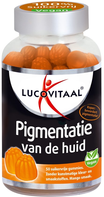 Pot met 50 oranje, vruchtenvormige gummies, 100% suikervrij en vegan. Lucovitaal Pigmentatie van de huid.