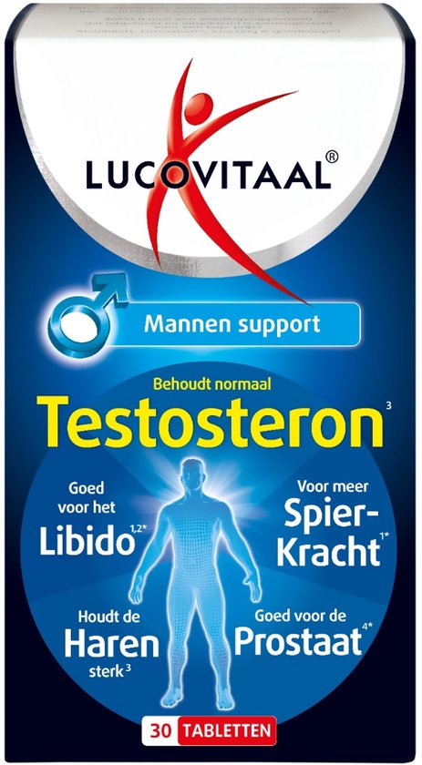 Doosje 'Lucovitaal Testosteron mannen support' met een gestileerde man.