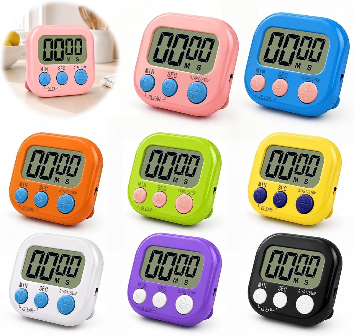 Keukentimer met Magneet en Inklapbare Standaard, Set van 8 Digitale Timers voor Studie, Werk en Sportactiviteiten