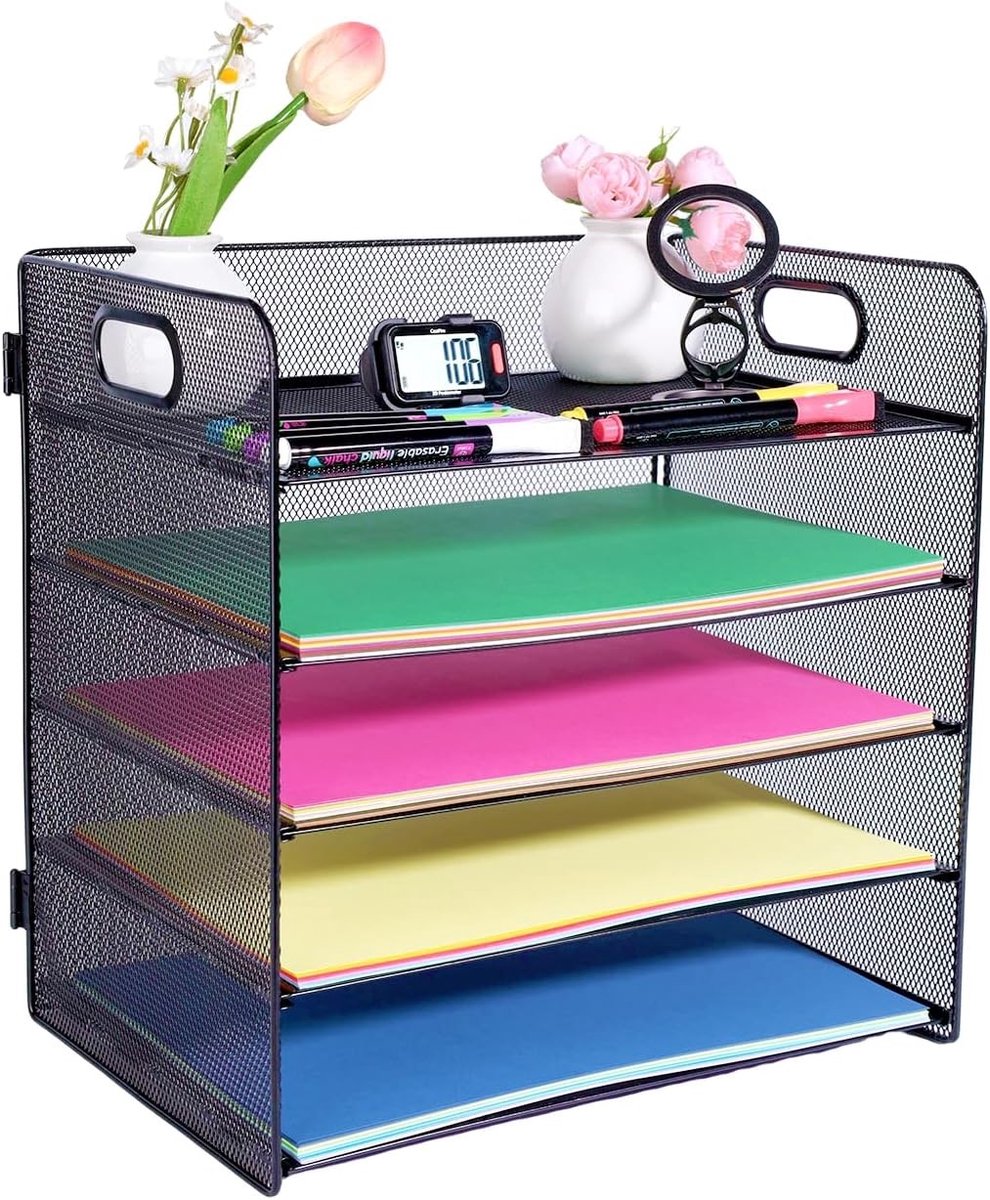 5-laags bureau-organizer voor A4-papier met handvat, metalen lade voor documenten, archief- en opslagoplossing voor kantoor, zwart