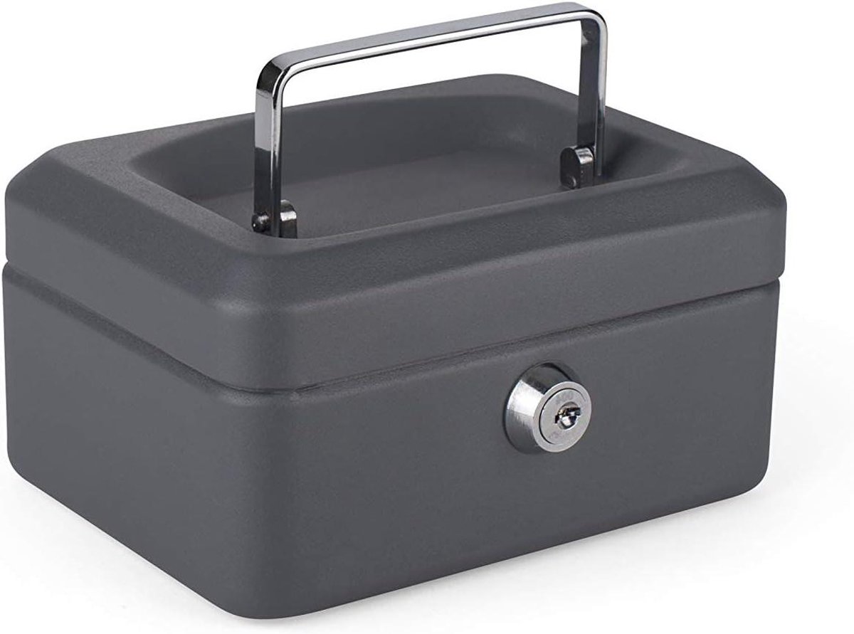 Metalen Geldkistje - Kleine kassa - Veilig Opbergen - Inclusief 2 sleutels - 15x12x8 cm - Donkergrijs