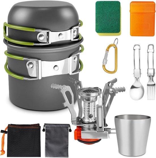 Kampeer Kookset - Buiten Kookgerei - Outdoor Koken - Inclusief Gasfornuis - 9 Delig - Grijs — afbeelding 4